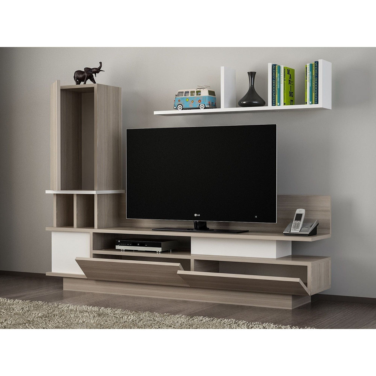 Mobilier living COMO, alb/stejar, PAL melaminat, 4 piese, 149x32x171 cm