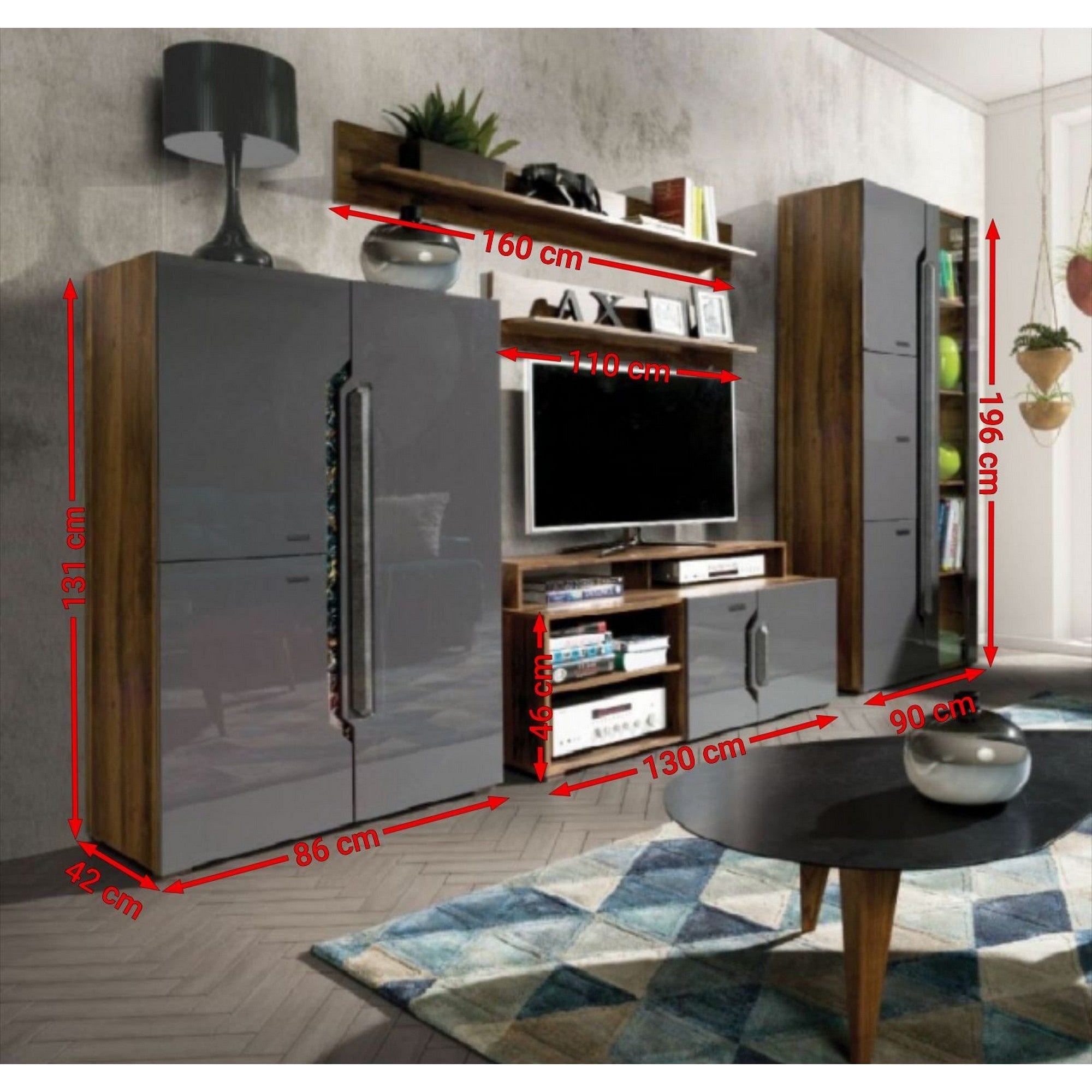 Mobilier living DAVOS A, gri lucios/nuc, PAL laminat, cu iluminare LED, 6 piese, 306x42x196 cm