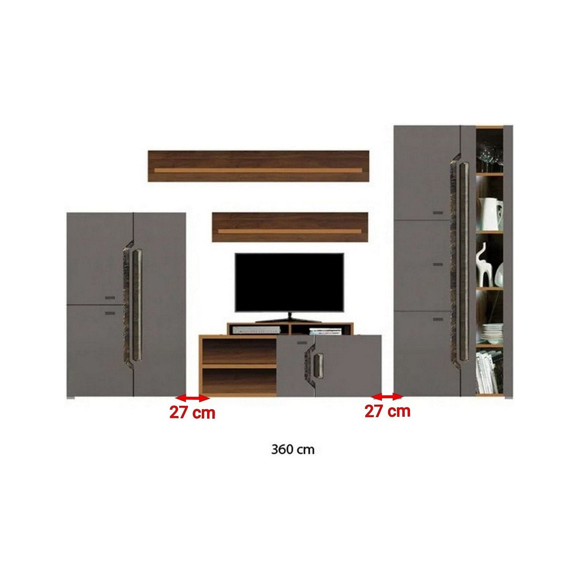 Mobilier living DAVOS A, gri lucios/nuc, PAL laminat, cu iluminare LED, 6 piese, 306x42x196 cm