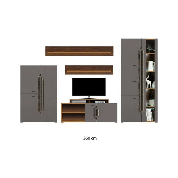 Mobilier living DAVOS A, gri lucios/nuc, PAL laminat, cu iluminare LED, 6 piese, 306x42x196 cm