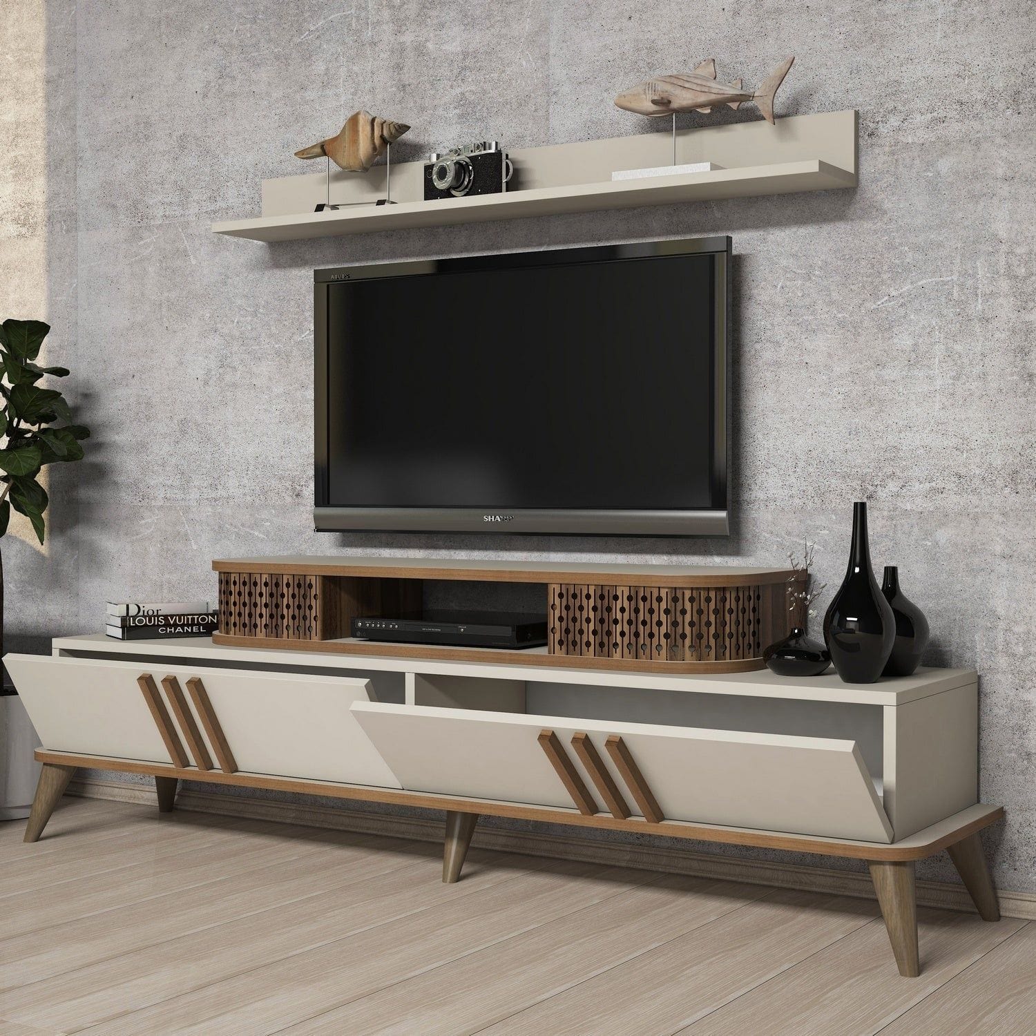 Mobilier living EYLUL, crem/stejar, PAL melaminat, 4 piese