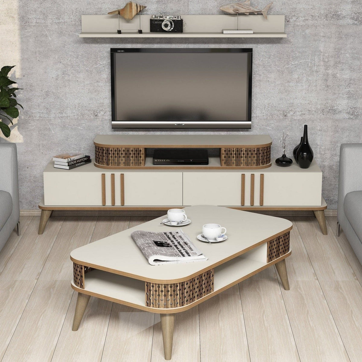 Mobilier living EYLUL, crem/stejar, PAL melaminat, 4 piese
