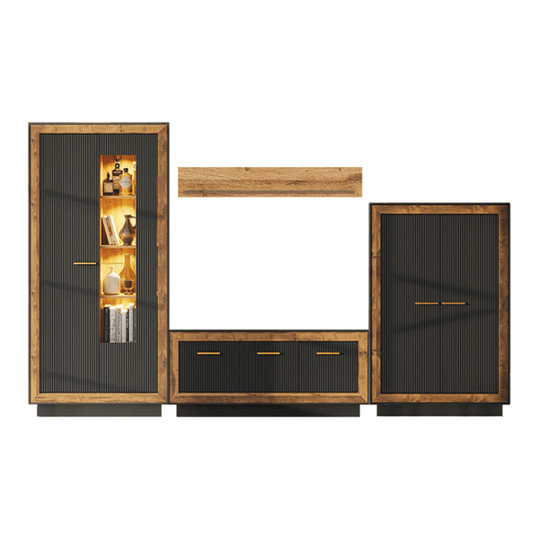 Mobilier living FOX A, stejar eger/negru, PAL, cu iluminare LED, 4 piese, 325x39x201 cm