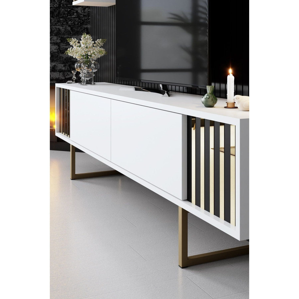 Mobilier living GOLD LINE, alb/auriu, PAL melaminat/metal, 4 piese
