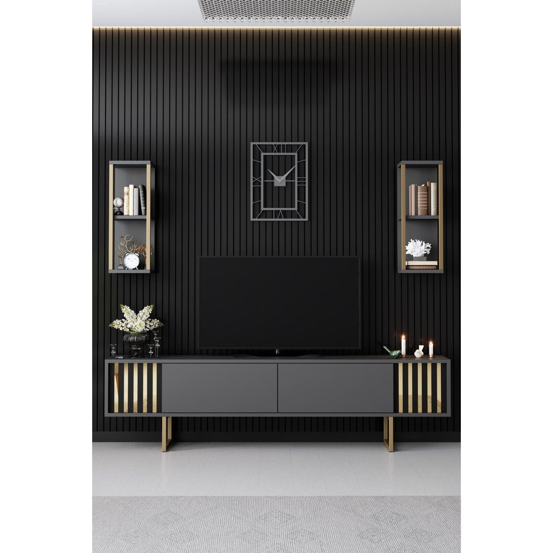 Mobilier living GOLD LINE, gri antracit/auriu, PAL melaminat/metal, 3 piese