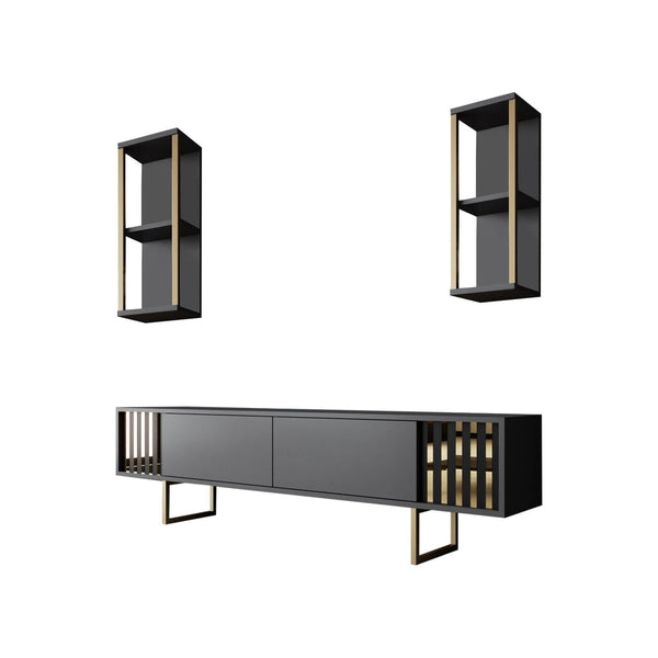 Mobilier living GOLD LINE, gri antracit/auriu, PAL melaminat/metal, 3 piese