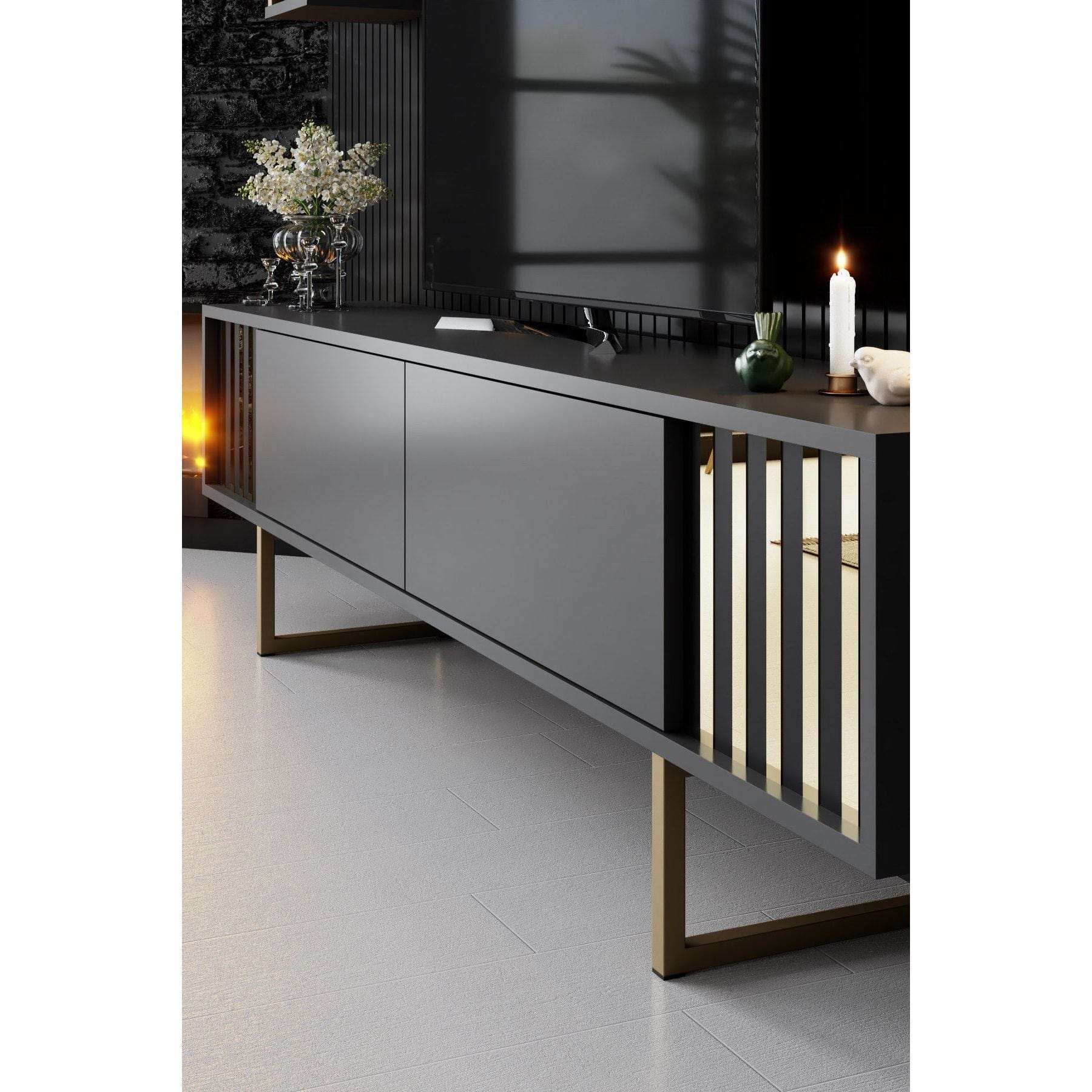 Mobilier living GOLD LINE, gri antracit/auriu, PAL melaminat/metal, 3 piese