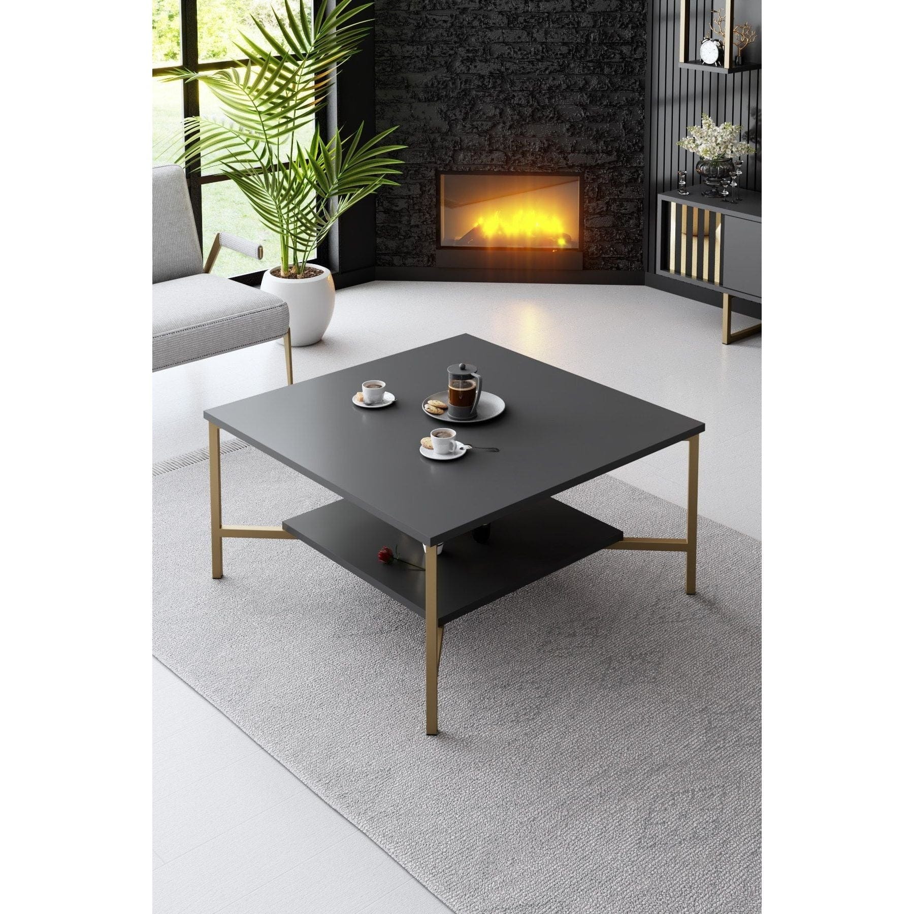 Mobilier living GOLD LINE, gri antracit/auriu, PAL melaminat/metal, 4 piese