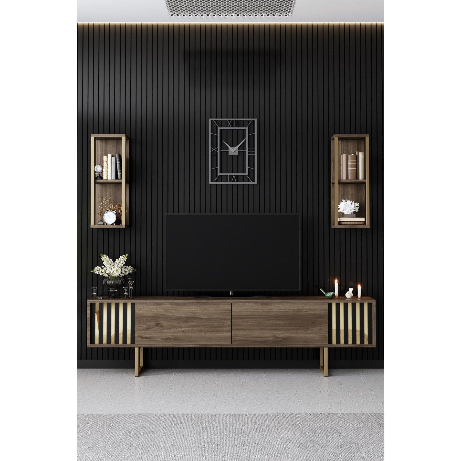 Mobilier living GOLD LINE, nuc/auriu, PAL melaminat/metal, 3 piese