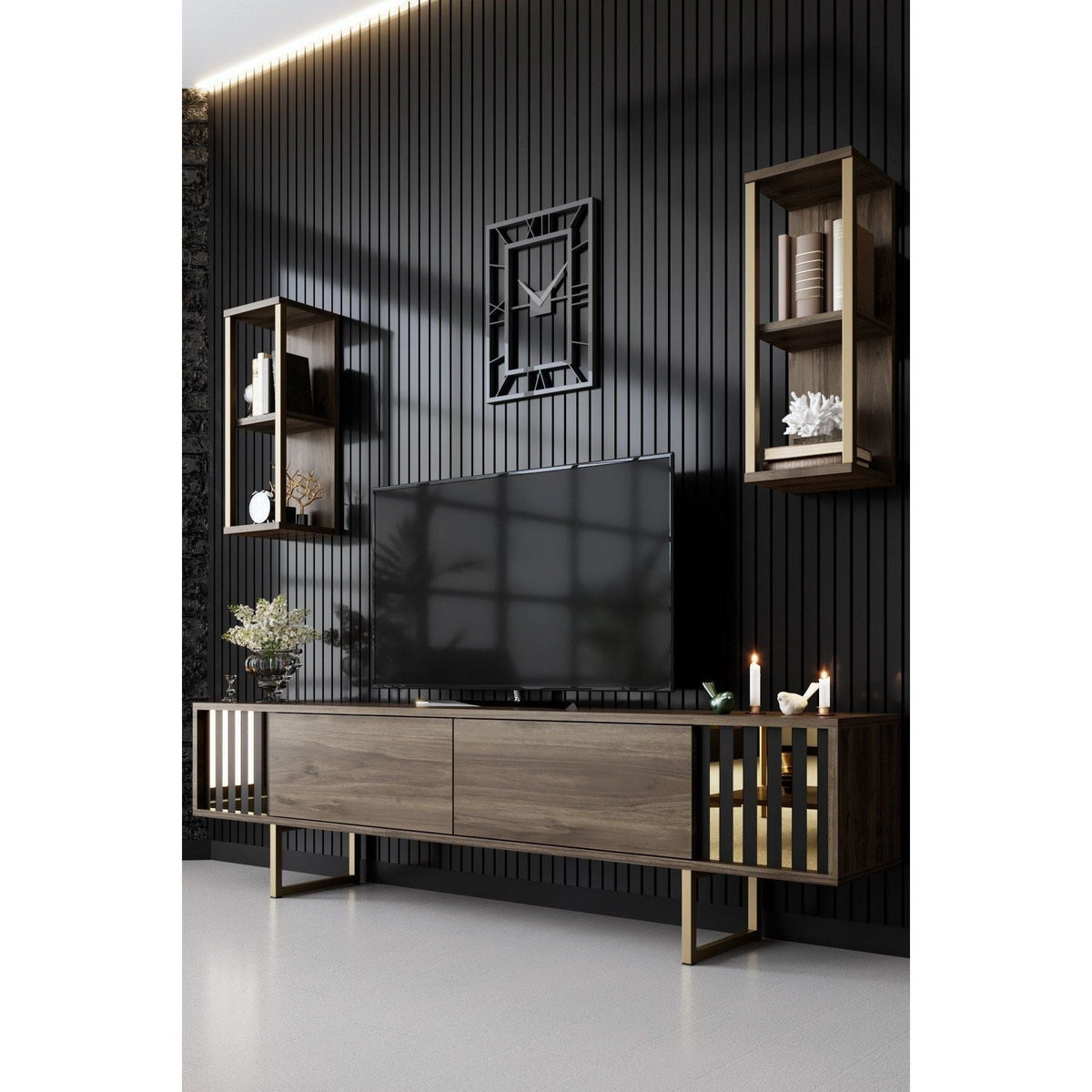 Mobilier living GOLD LINE, nuc/auriu, PAL melaminat/metal, 3 piese