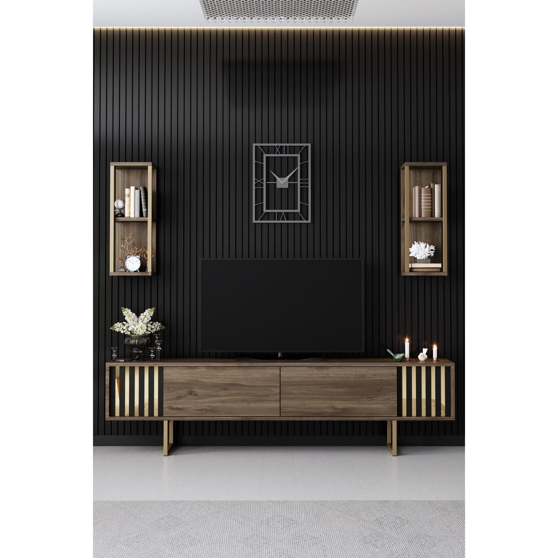 Mobilier living GOLD LINE, nuc/auriu, PAL melaminat/metal, 4 piese