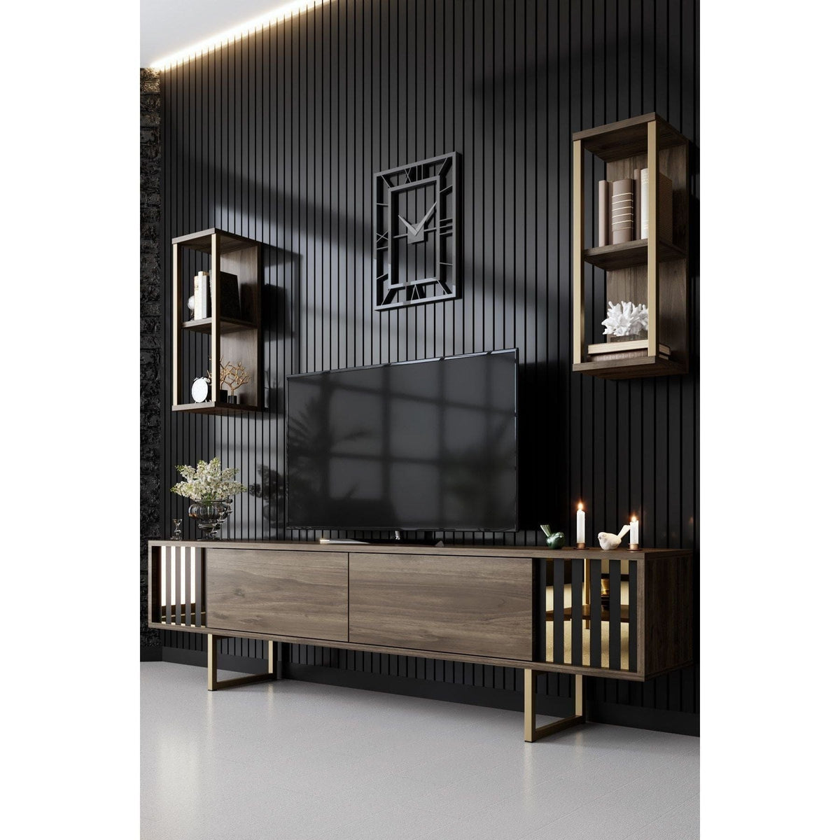 Mobilier living GOLD LINE, nuc/auriu, PAL melaminat/metal, 4 piese