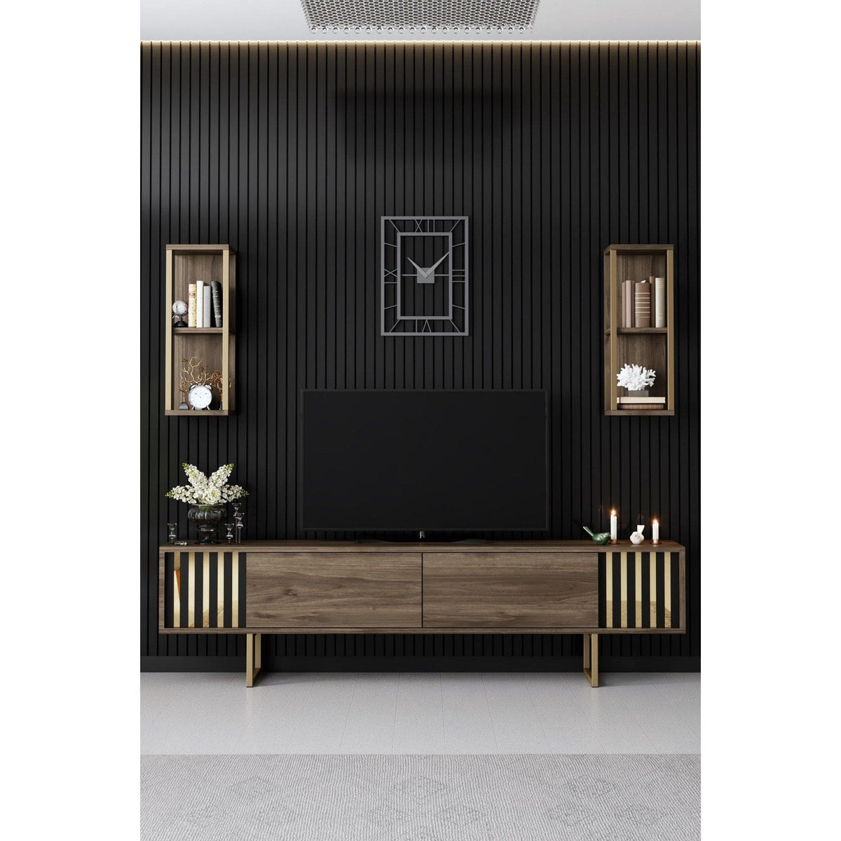 Mobilier living GOLD LINE, nuc/auriu, PAL melaminat/metal, 4 piese