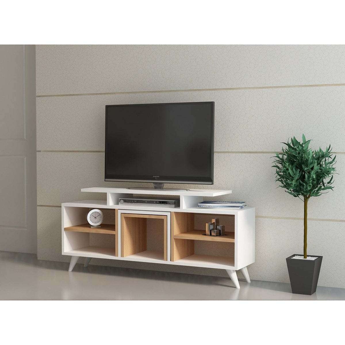 Mobilier living KUTAY, alb/stejar artisan, PAL melaminat, 3 piese, 120x30x57 cm