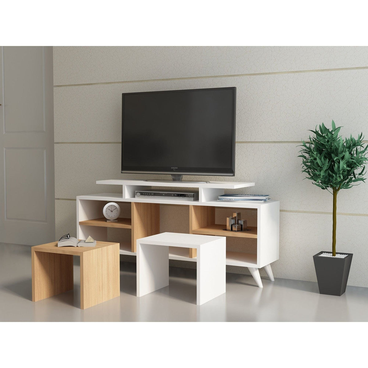 Mobilier living KUTAY, alb/stejar artisan, PAL melaminat, 3 piese, 120x30x57 cm
