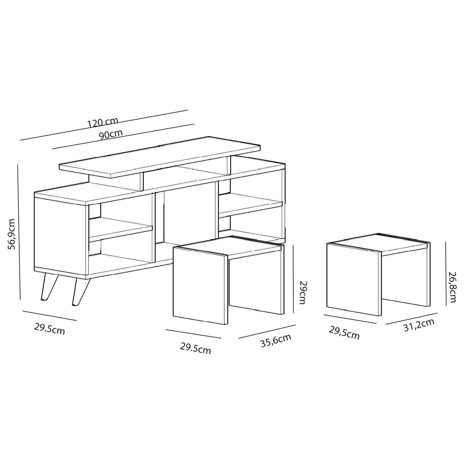 Mobilier living KUTAY, alb/stejar, PAL melaminat, 3 piese, 120x30x57 cm