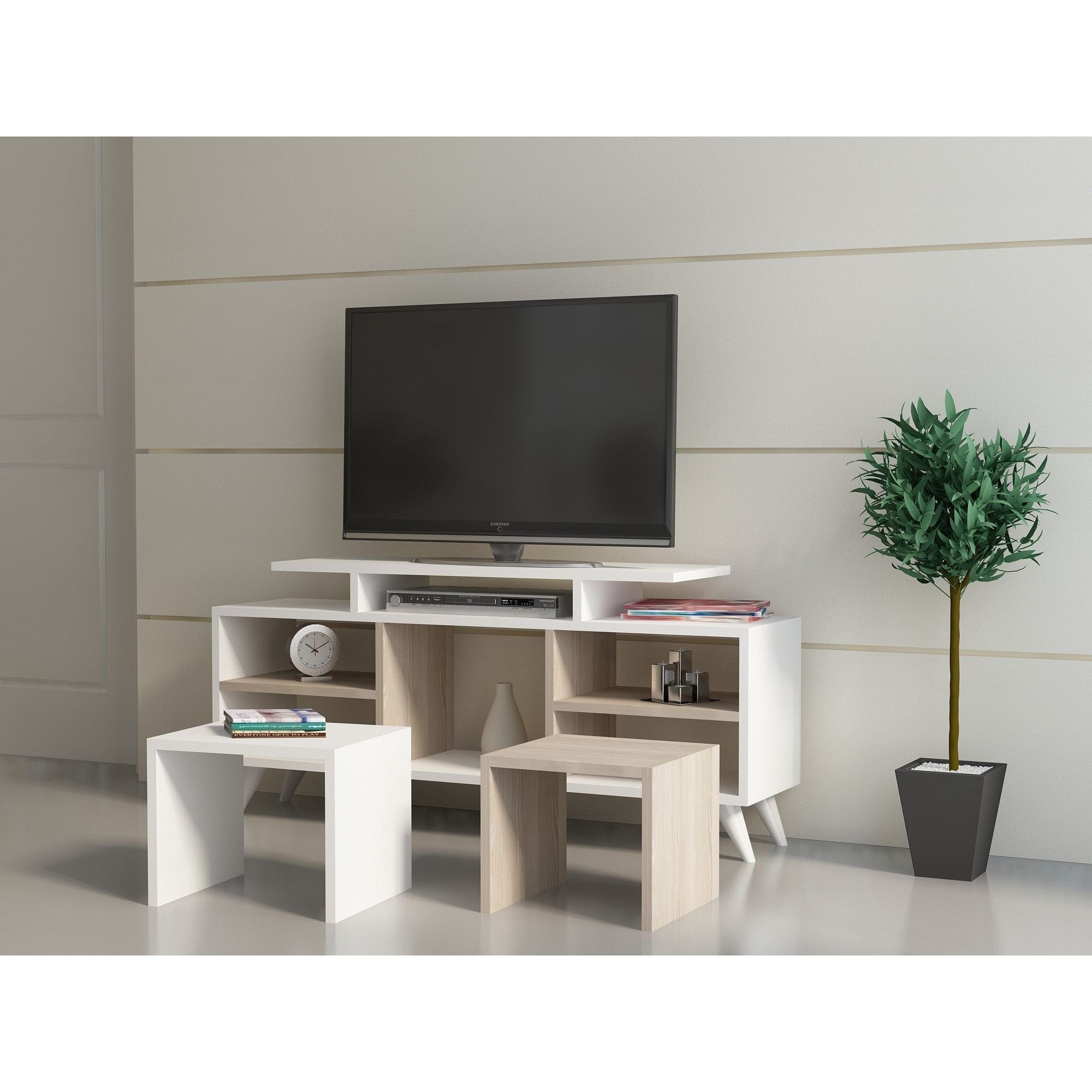 Mobilier living KUTAY, alb/stejar, PAL melaminat, 3 piese, 120x30x57 cm