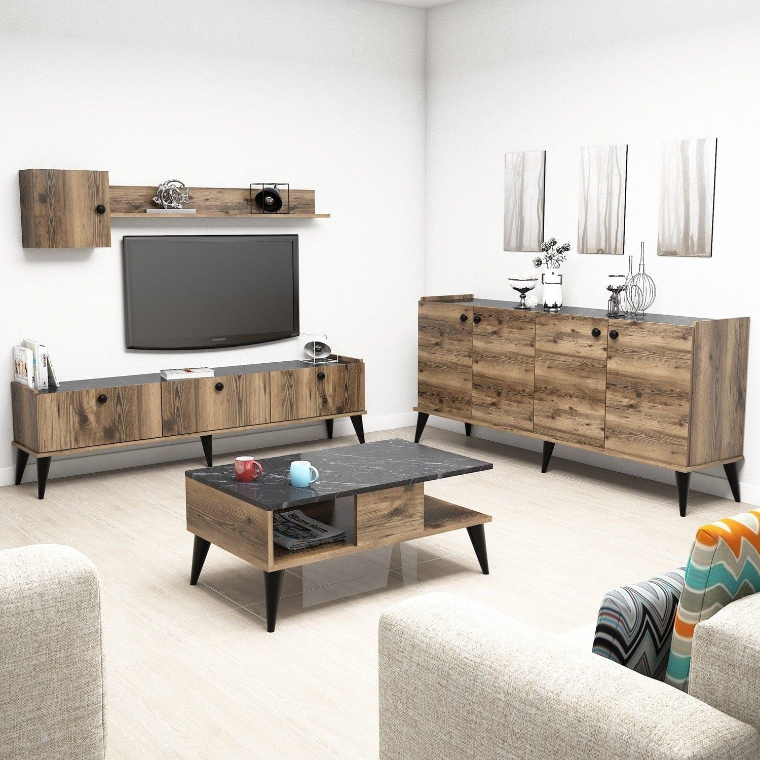Mobilier living LIDYA, stejar canyon/negru cu efect de marmura, PAL melaminat, 5 piese
