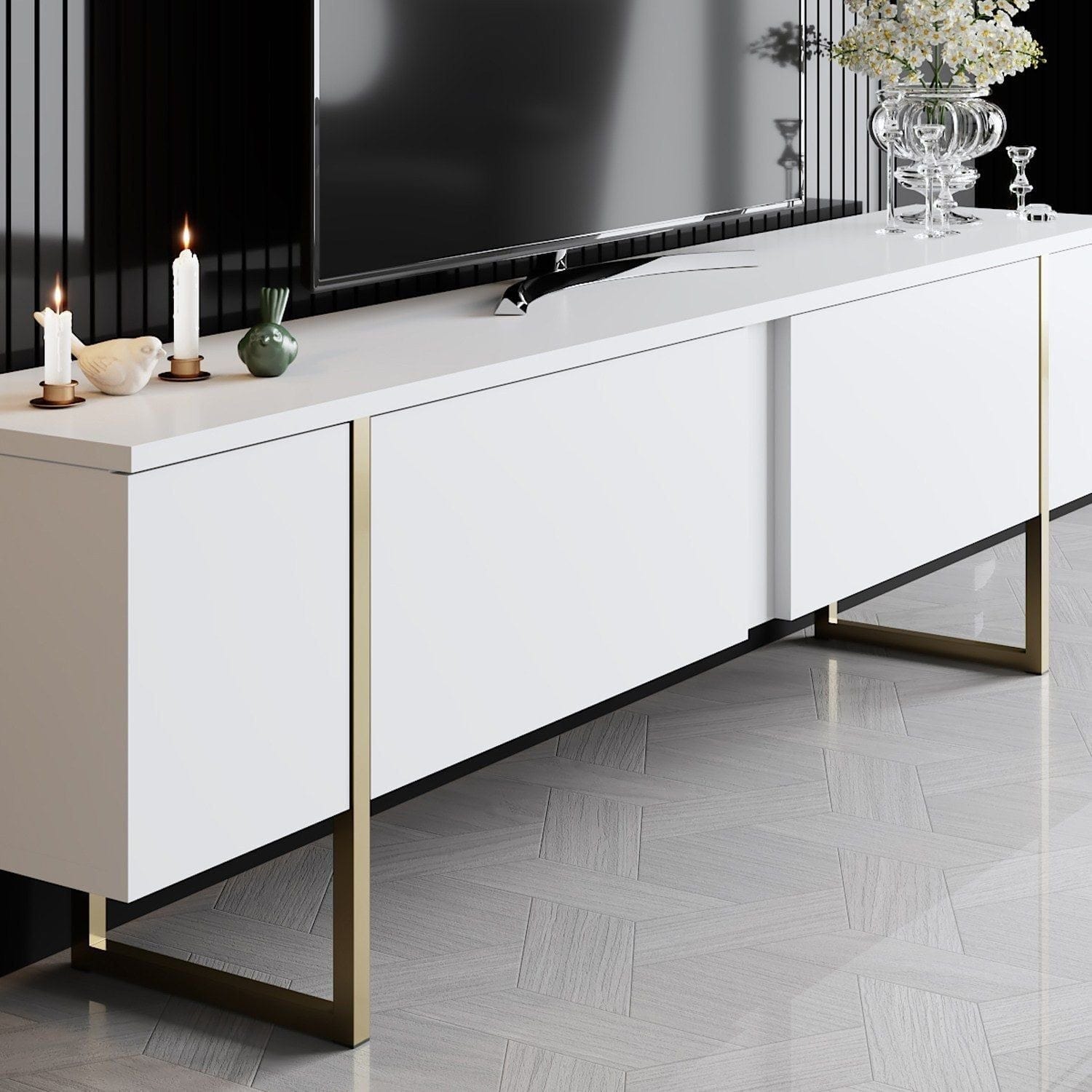 Mobilier living LUXE, alb/auriu, PAL melaminat/metal, 2 piese