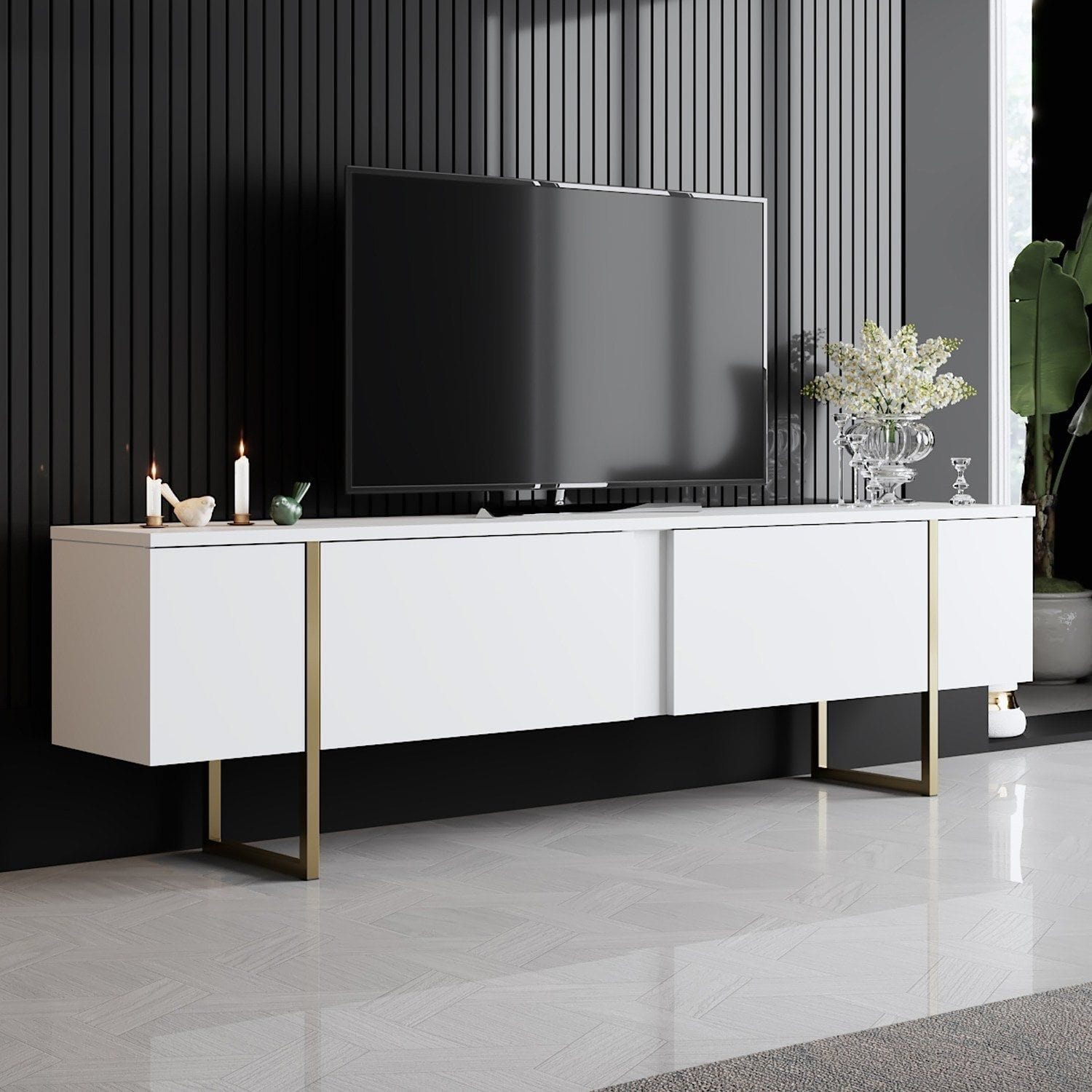 Mobilier living LUXE, alb/auriu, PAL melaminat/metal, 2 piese