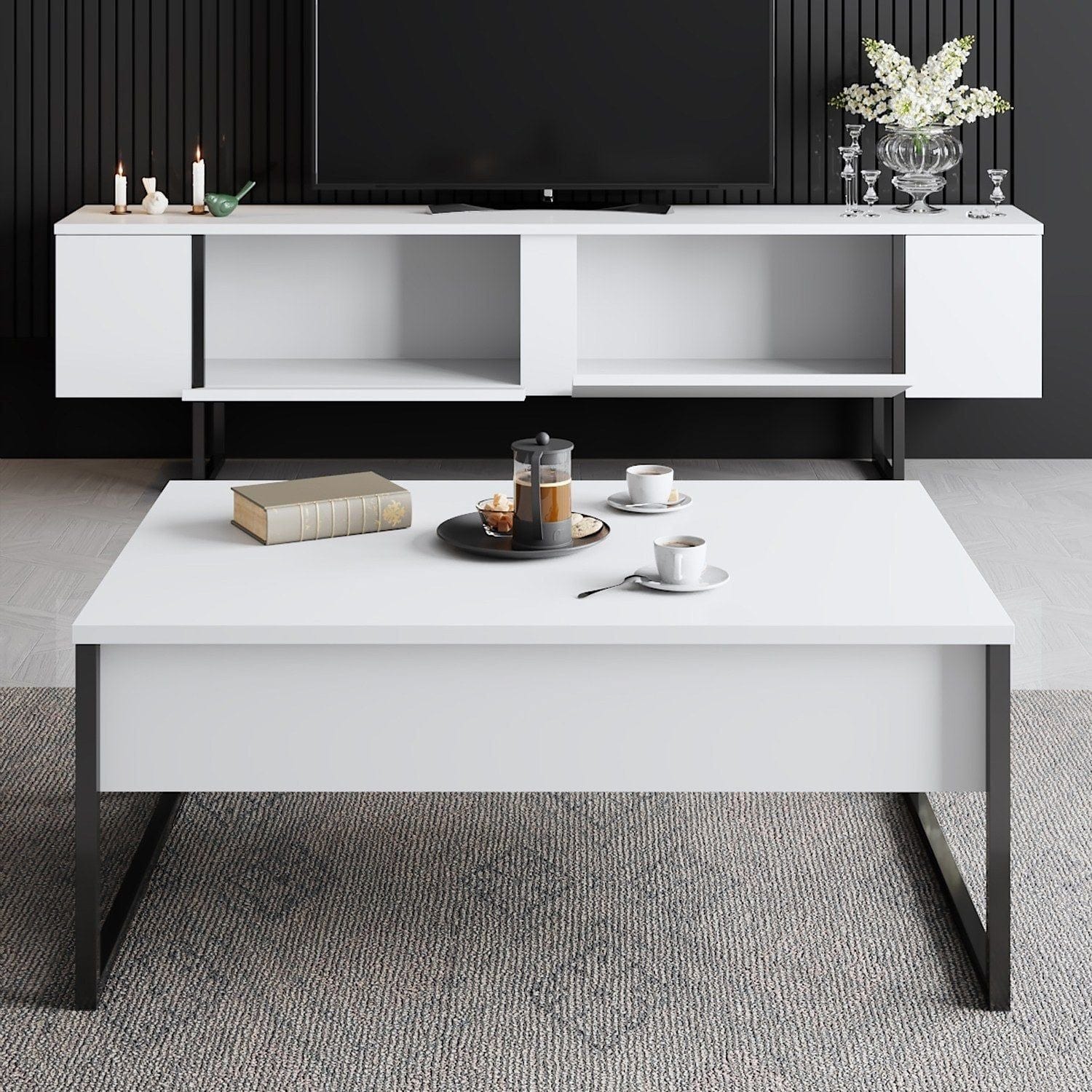 Mobilier living LUXE, alb/negru, PAL melaminat/metal, 2 piese