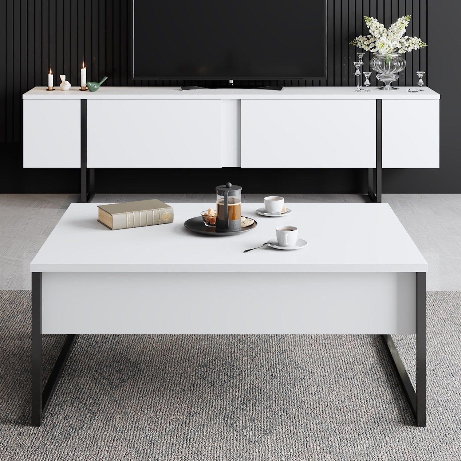 Mobilier living LUXE, alb/negru, PAL melaminat/metal, 2 piese