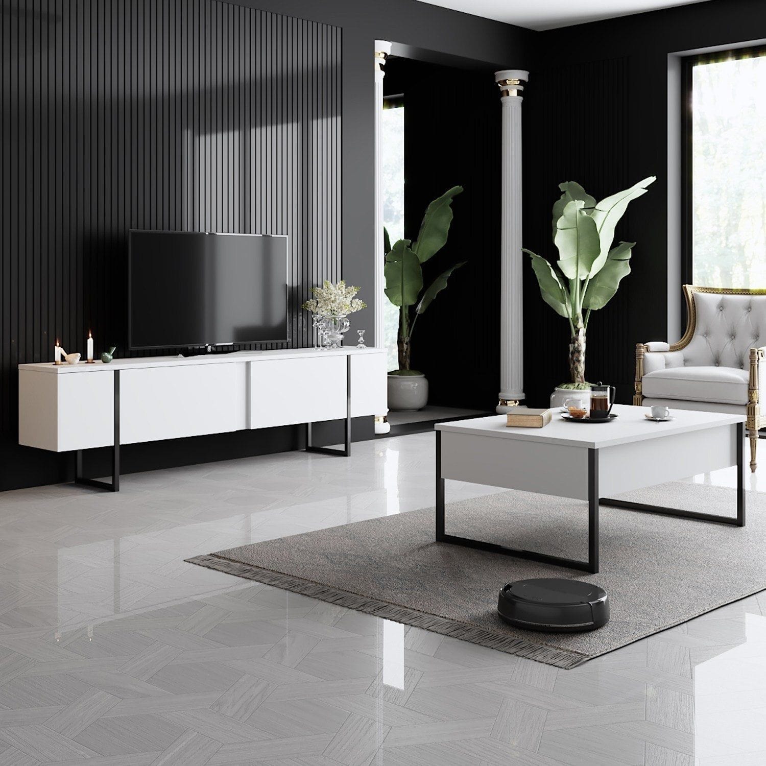 Mobilier living LUXE, alb/negru, PAL melaminat/metal, 2 piese