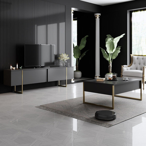 Mobilier living LUXE, gri antracit/auriu, PAL melaminat/metal, 2 piese