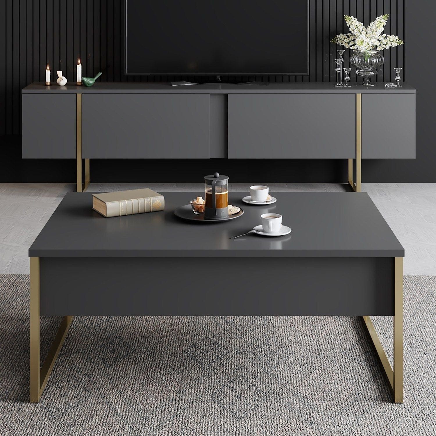 Mobilier living LUXE, gri antracit/auriu, PAL melaminat/metal, 2 piese