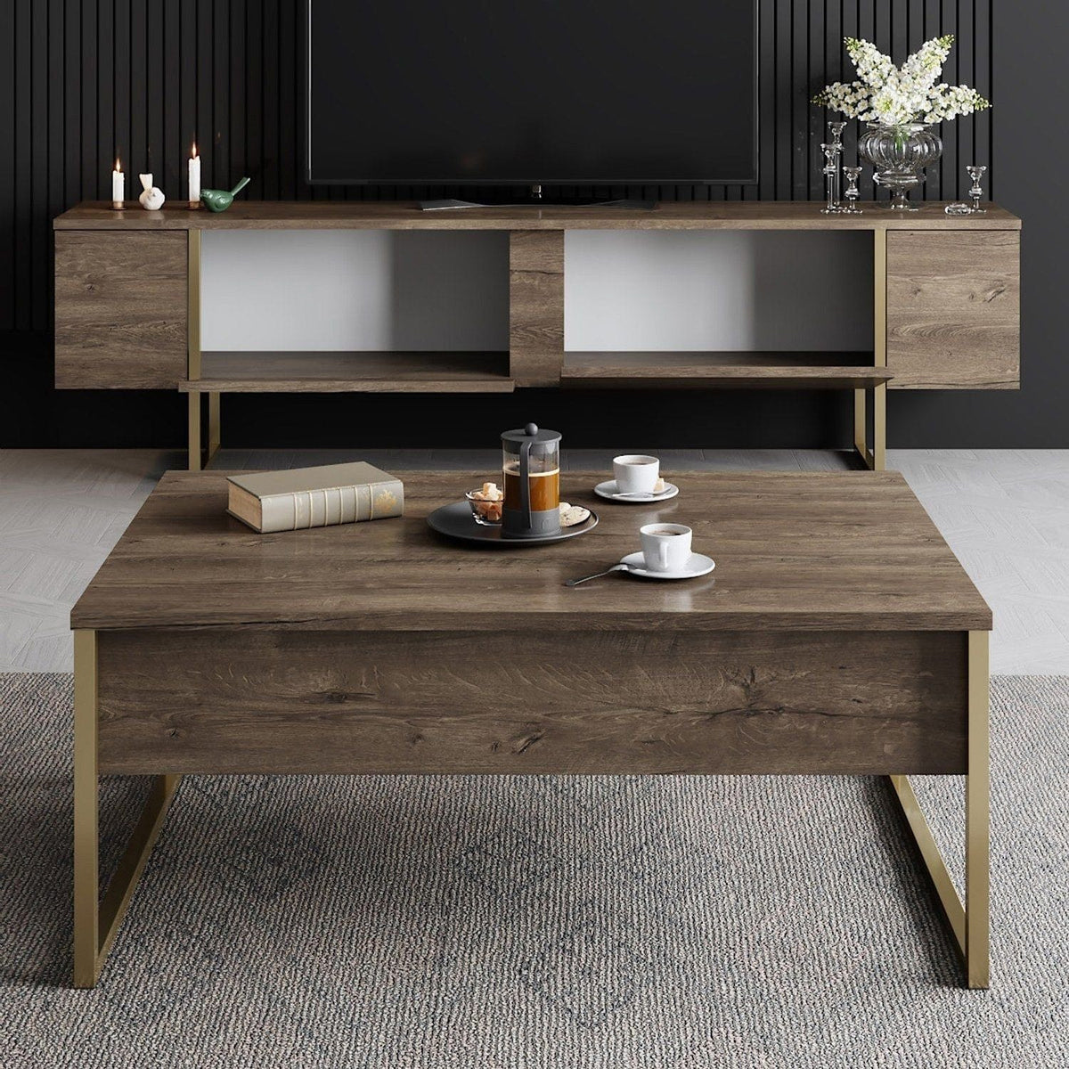 Mobilier living LUXE, nuc/auriu, PAL melaminat/metal, 2 piese