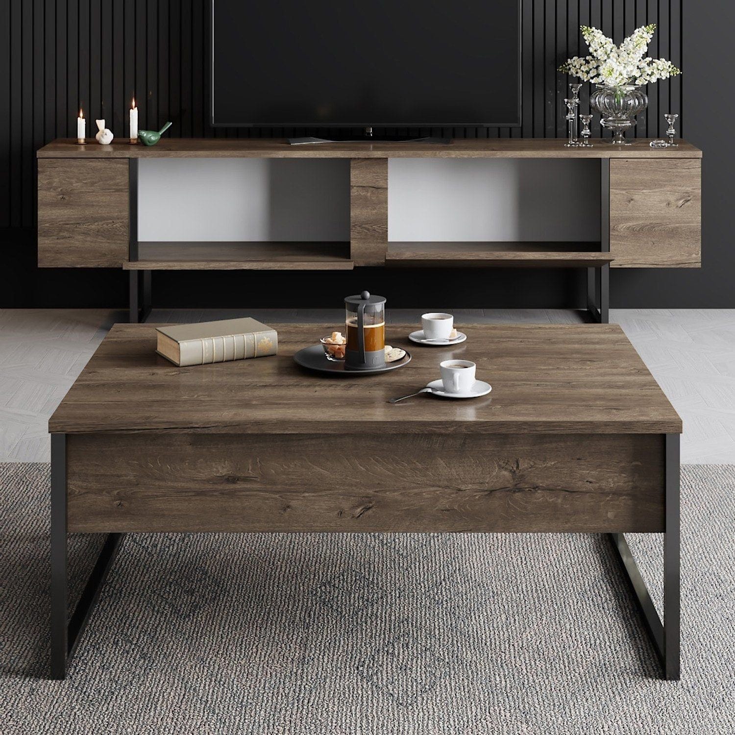 Mobilier living LUXE, nuc/negru, PAL melaminat/metal, 2 piese