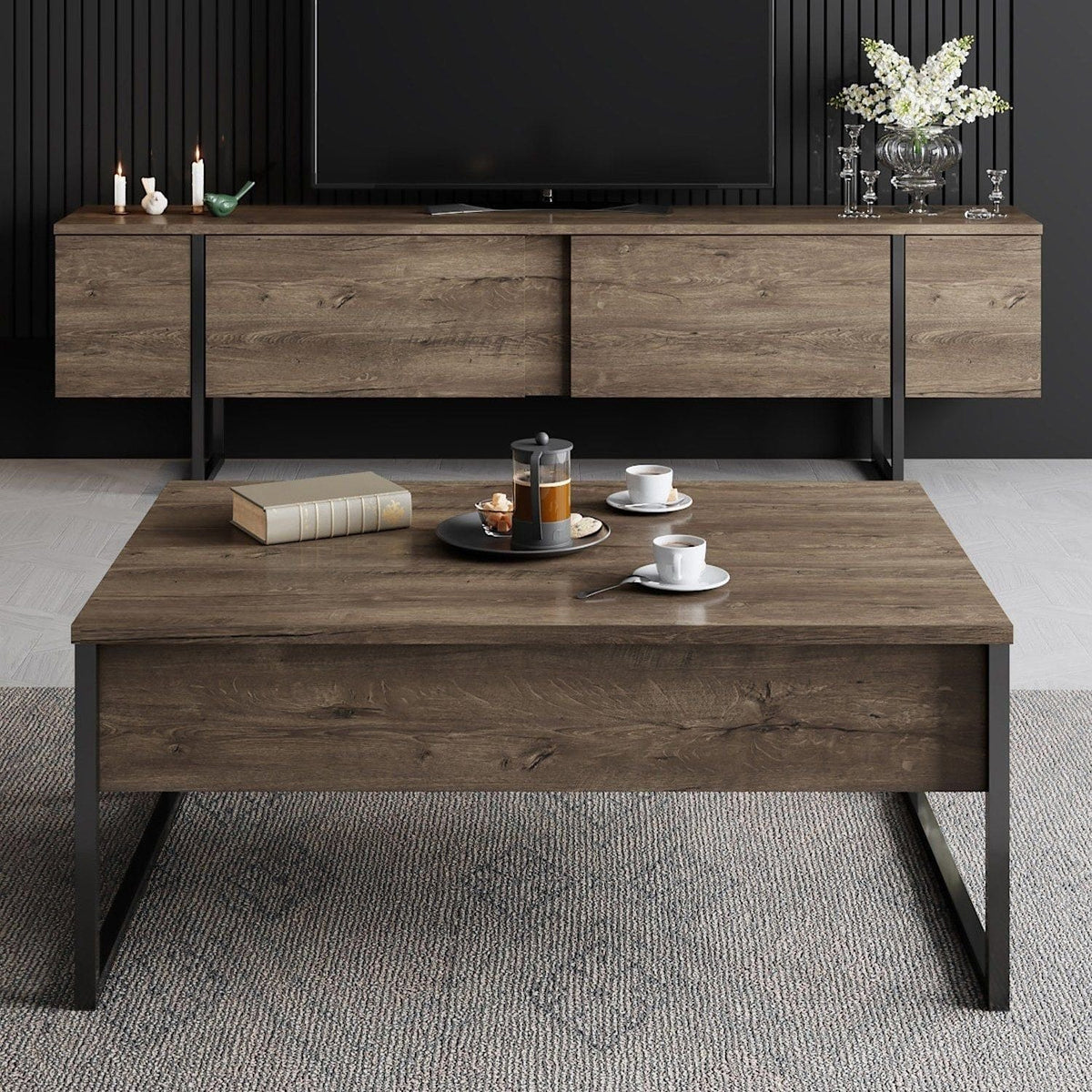 Mobilier living LUXE, nuc/negru, PAL melaminat/metal, 2 piese