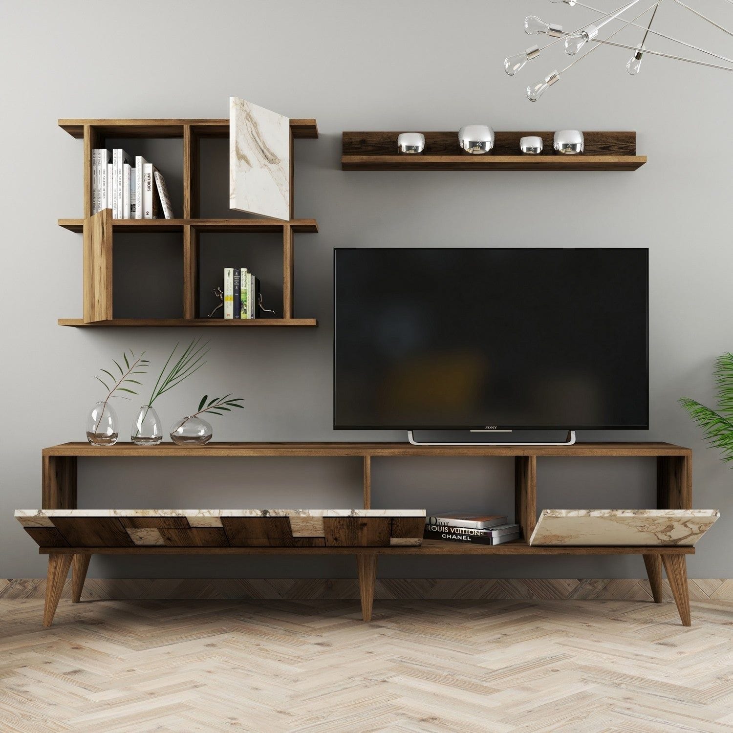 Mobilier living MADRID, nuc/alb cu efect de marmura, PAL melaminat, 3 piese