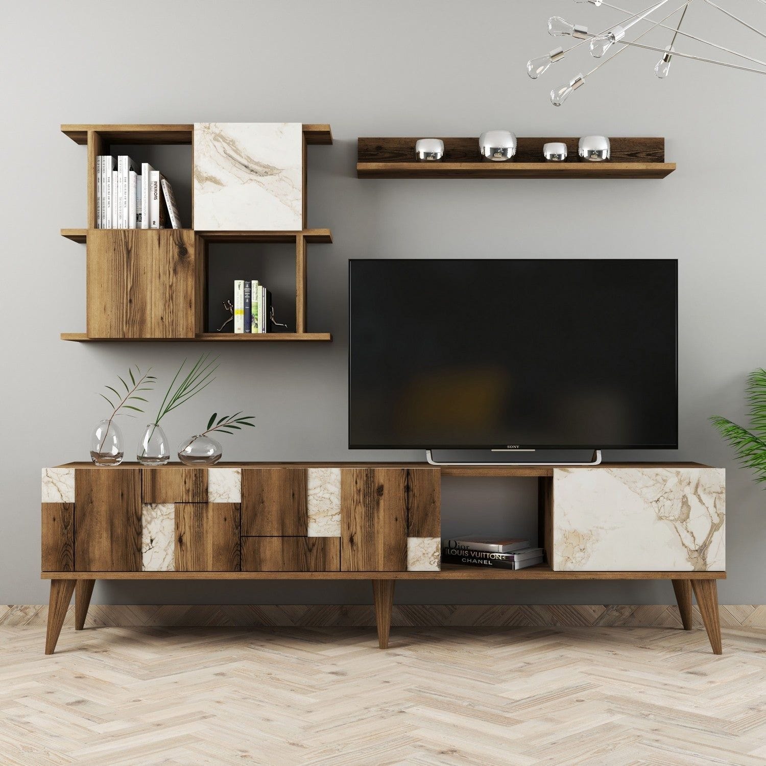 Mobilier living MADRID, nuc/alb cu efect de marmura, PAL melaminat, 3 piese