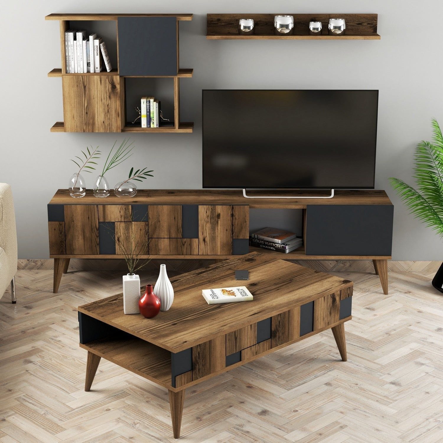 Mobilier living MADRID, nuc/gri antracit, PAL melaminat, 4 piese