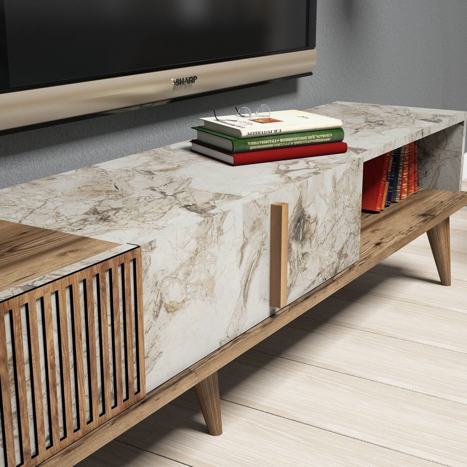 Mobilier living MILAN, alb cu efect de marmura/nuc, PAL melaminat, 3 piese