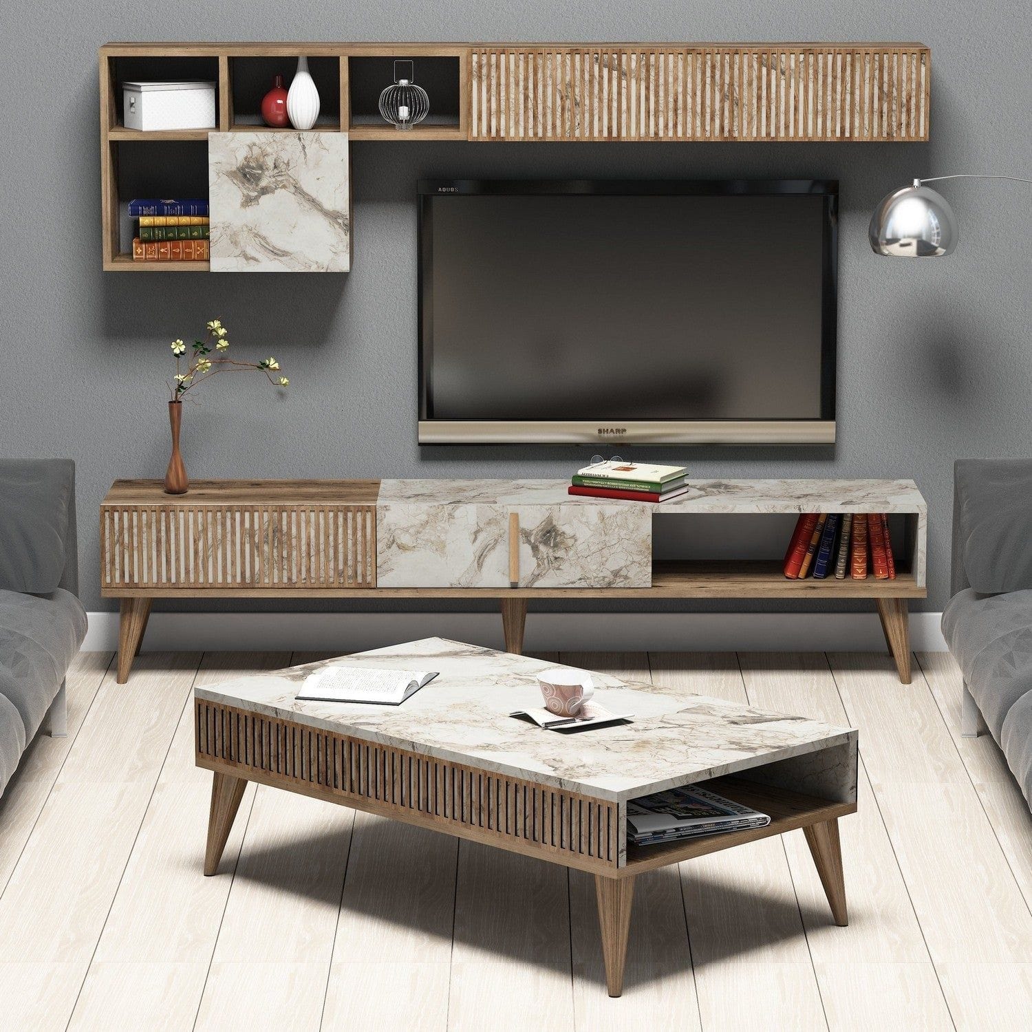 Mobilier living MILAN, alb cu efect de marmura/nuc, PAL melaminat, 3 piese