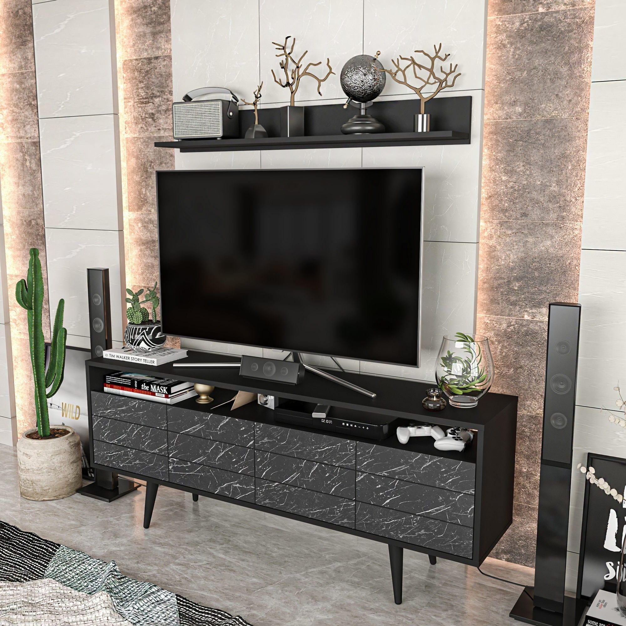 Mobilier living OLA, negru cu efect de marmura, PAL melaminat, 2 piese