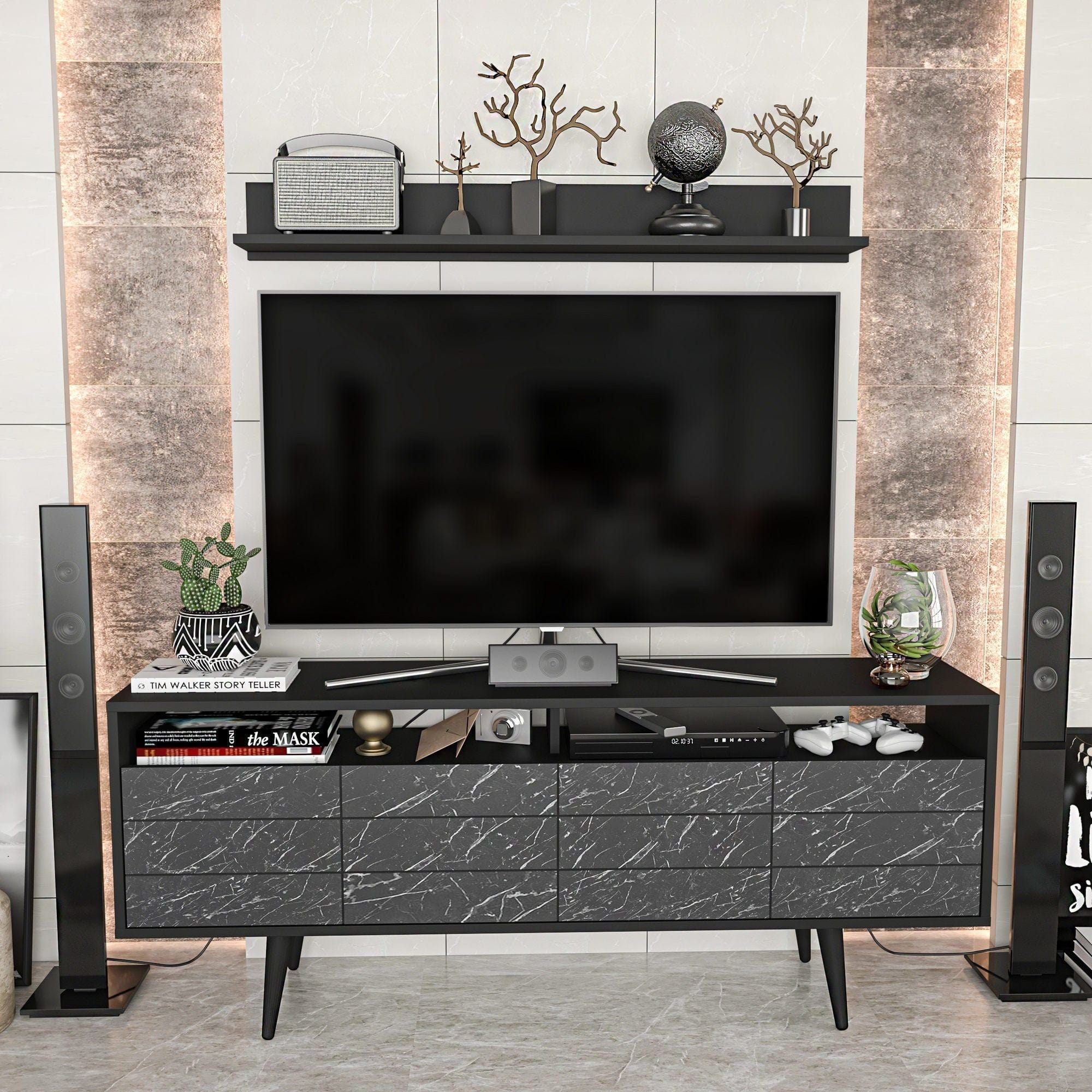 Mobilier living OLA, negru cu efect de marmura, PAL melaminat, 2 piese
