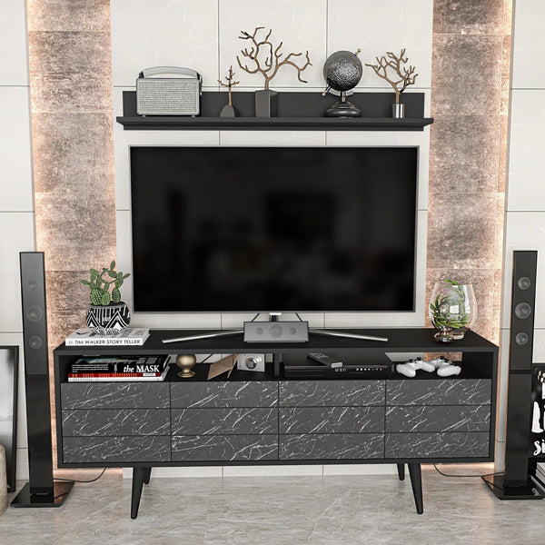 Mobilier living OLA, negru cu efect de marmura, PAL melaminat, 2 piese