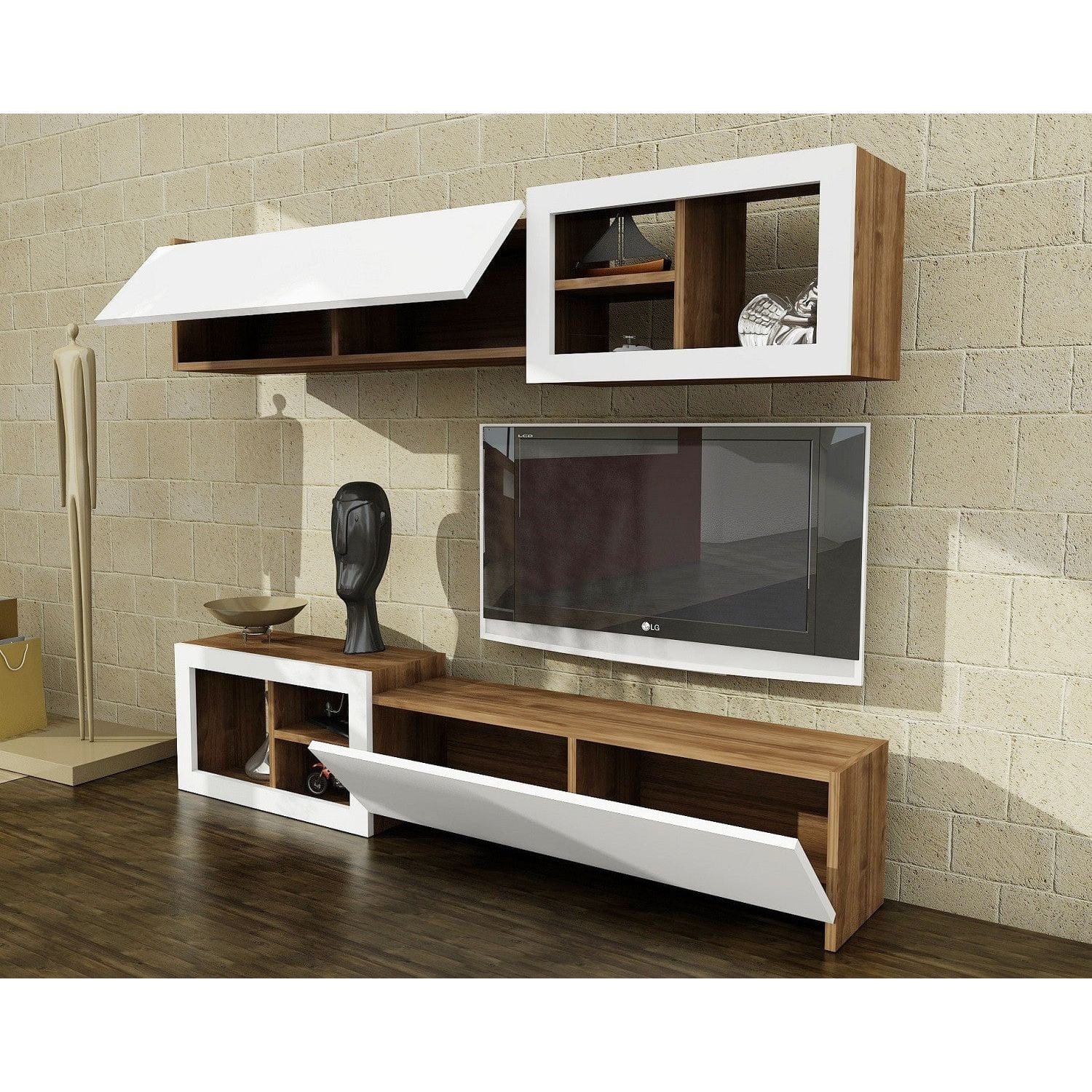 Mobilier living PRAG, alb/nuc, PAL melaminat, 3 piese