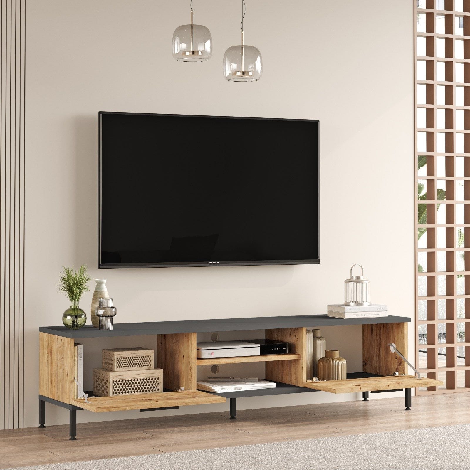 Mobilier living RL5-AA, stejar/gri antracit, PAL melaminat/metal, 2 piese