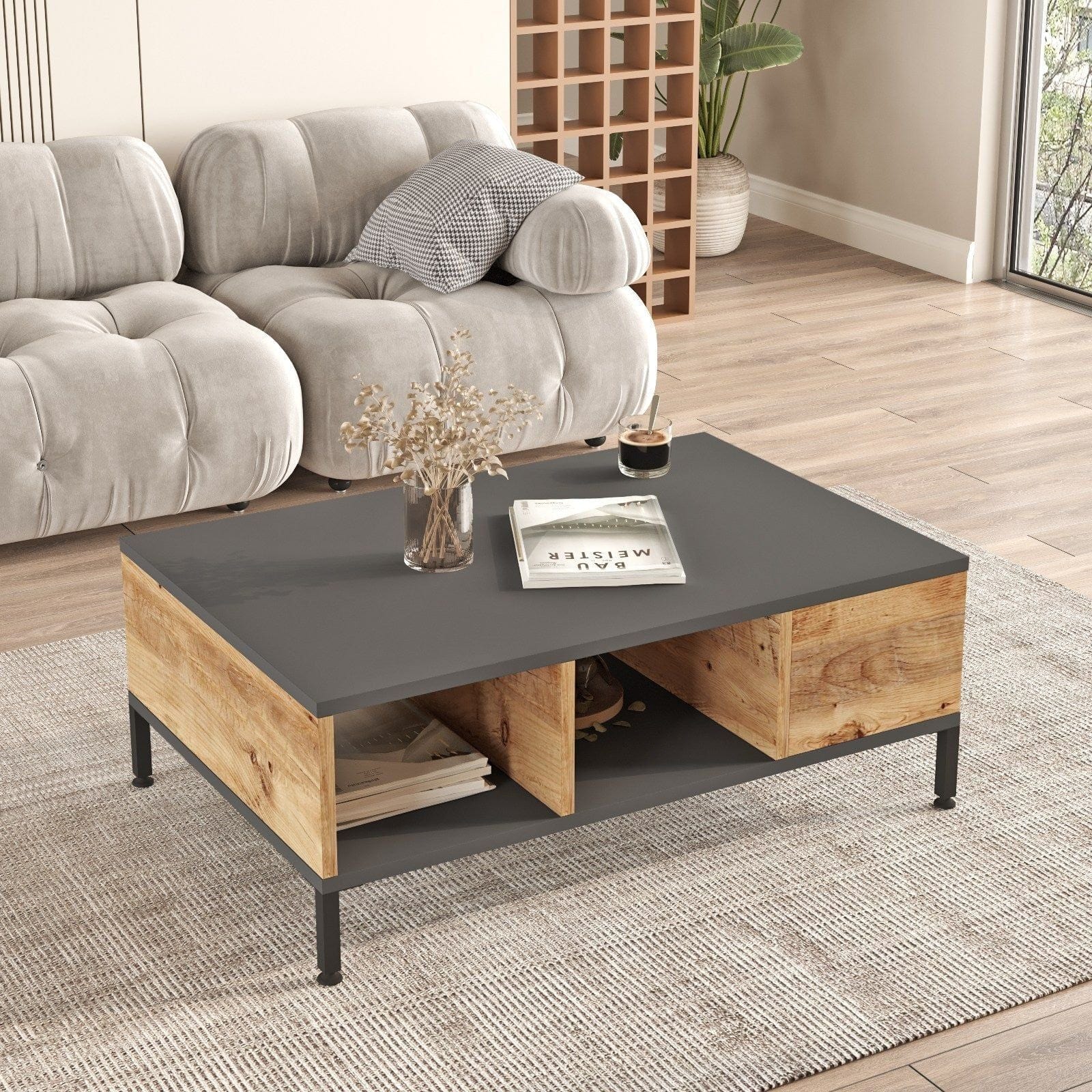 Mobilier living RL5-AA, stejar/gri antracit, PAL melaminat/metal, 2 piese