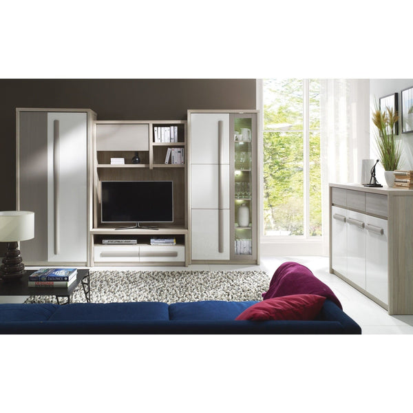 Mobilier living ROMA+comoda ROMA 12, stejar ferrara/alb, PAL laminat, cu iluminare LED, 5 piese