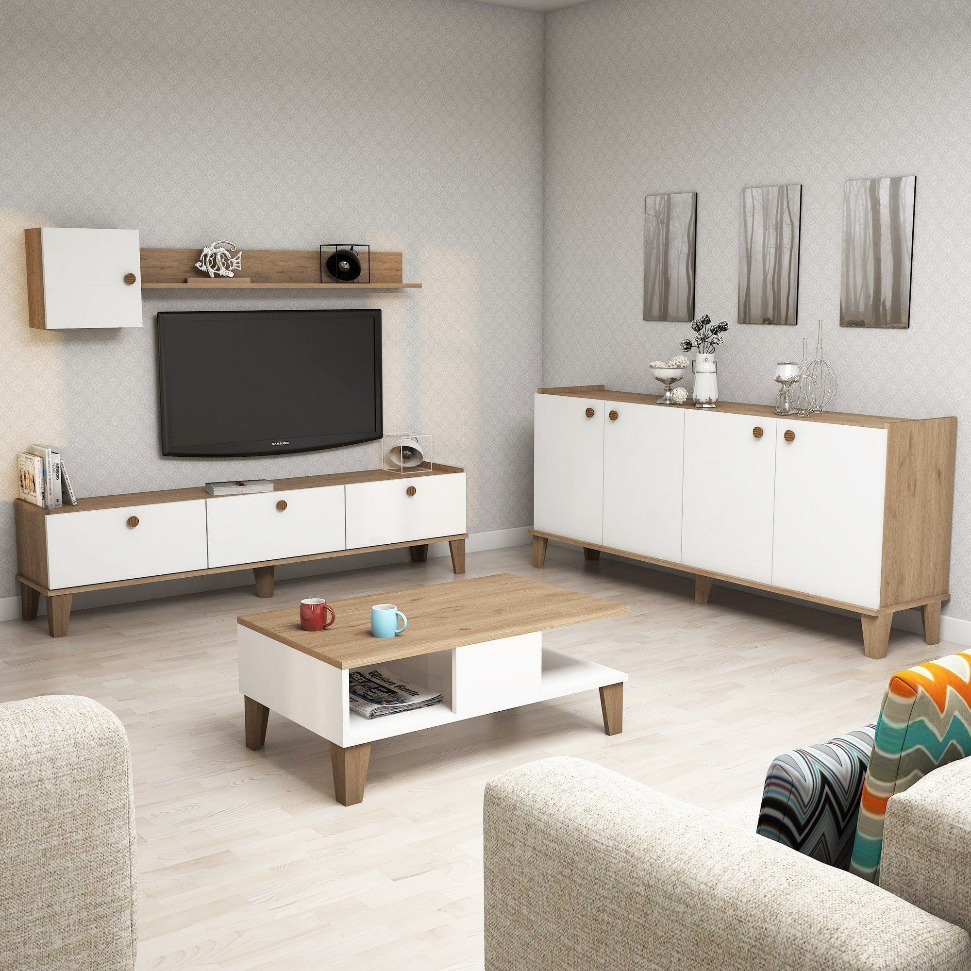 Mobilier living SUMER G7020, alb/stejar, PAL melaminat, 4 piese