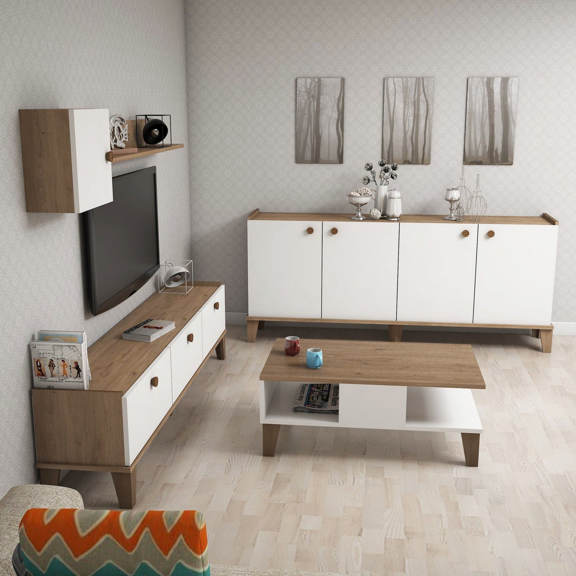 Mobilier living SUMER G7020, alb/stejar, PAL melaminat, 4 piese