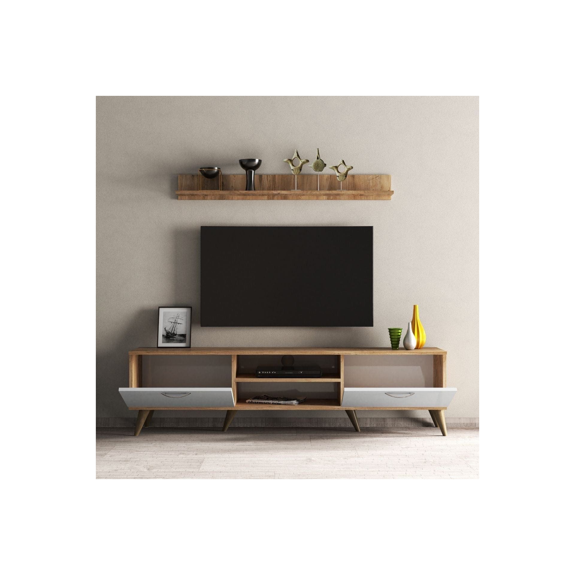 Mobilier living TVU0103, alb/stejar, PAL melaminat, 2 piese