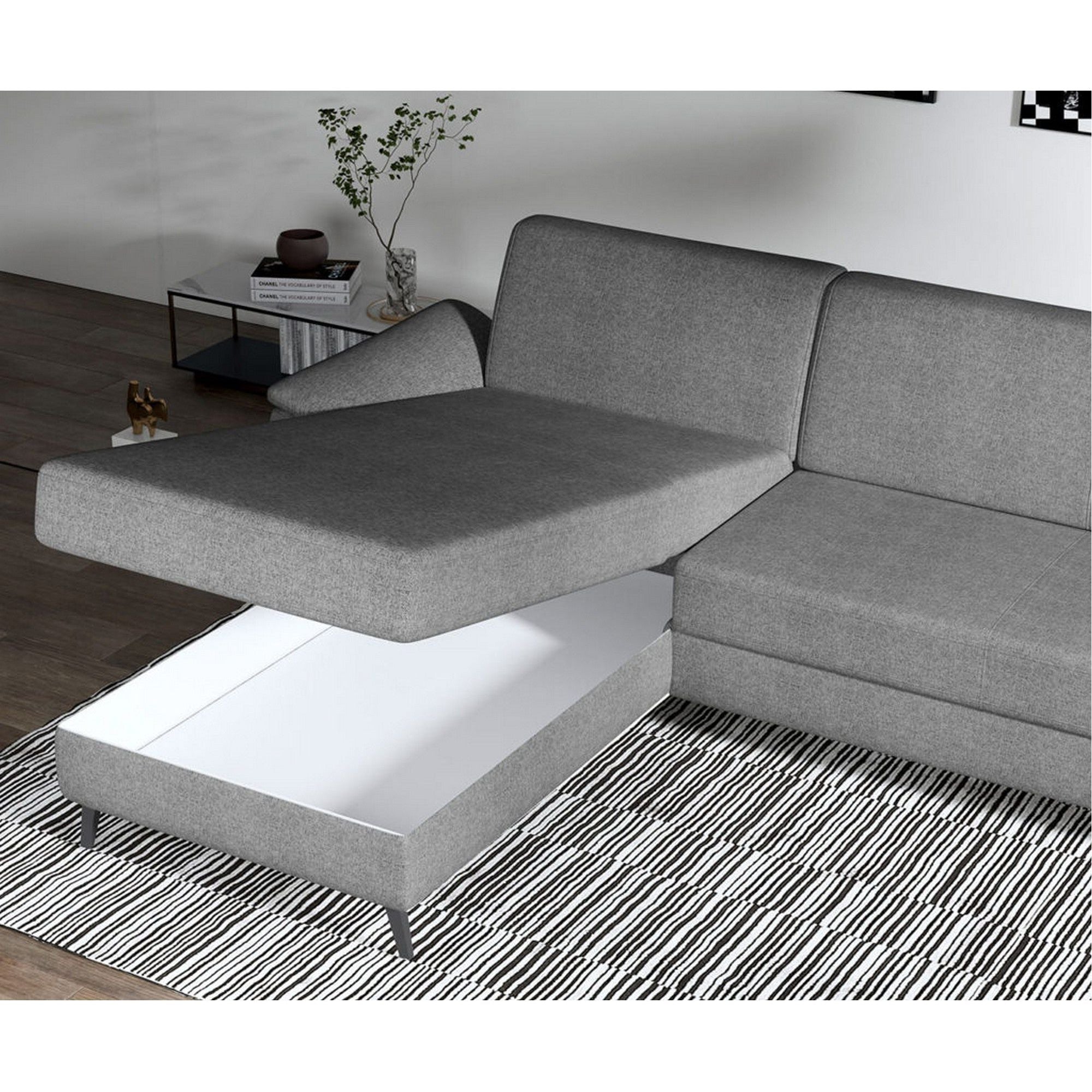 Coltar extensibil MUNDO MINI, sezlong stanga, stofa catifelata mov lila - Monolith 62, cu lada depozitare, 268x162x81 cm