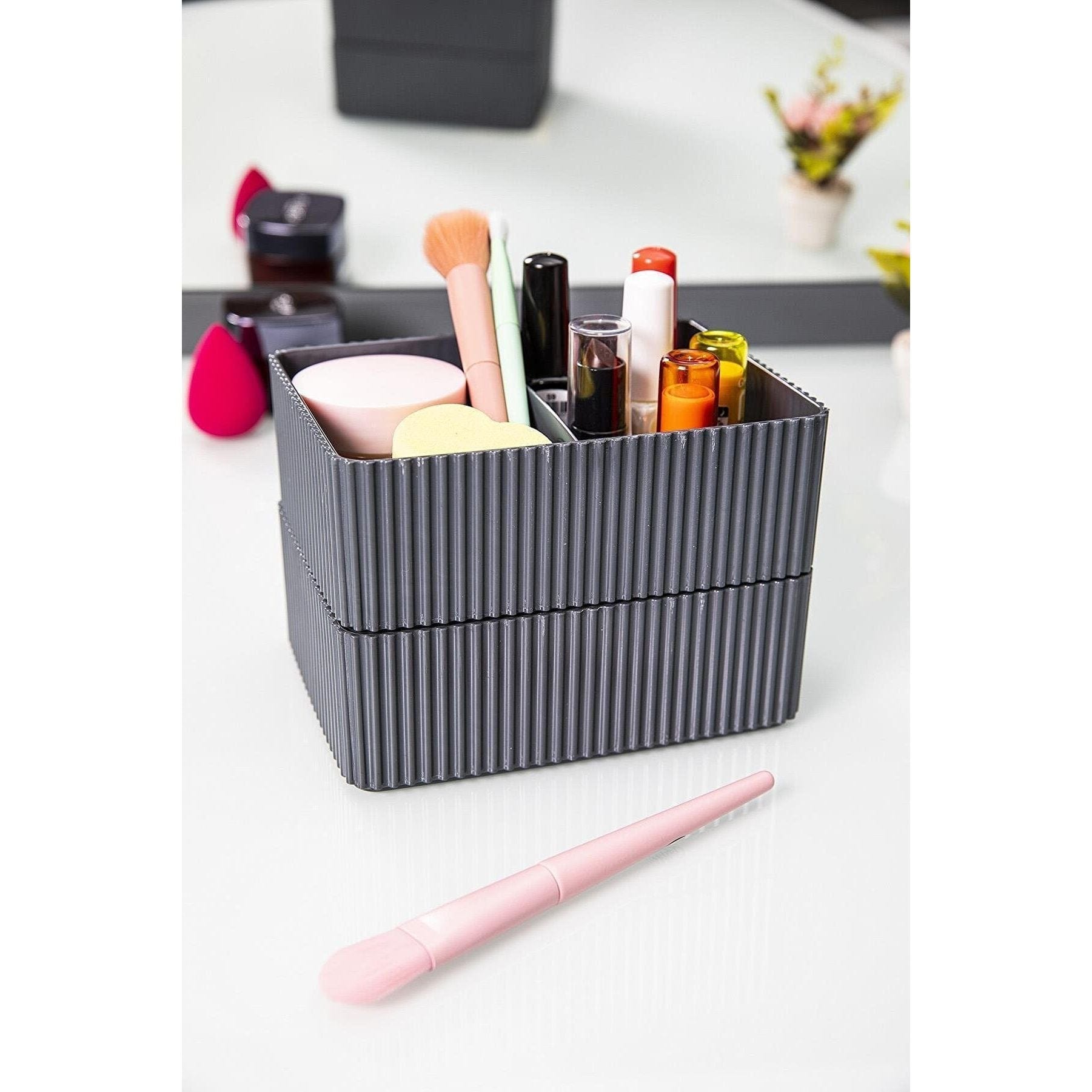 Organizator machiaj LV220, gri antracit, plastic, 12x16x6 cm