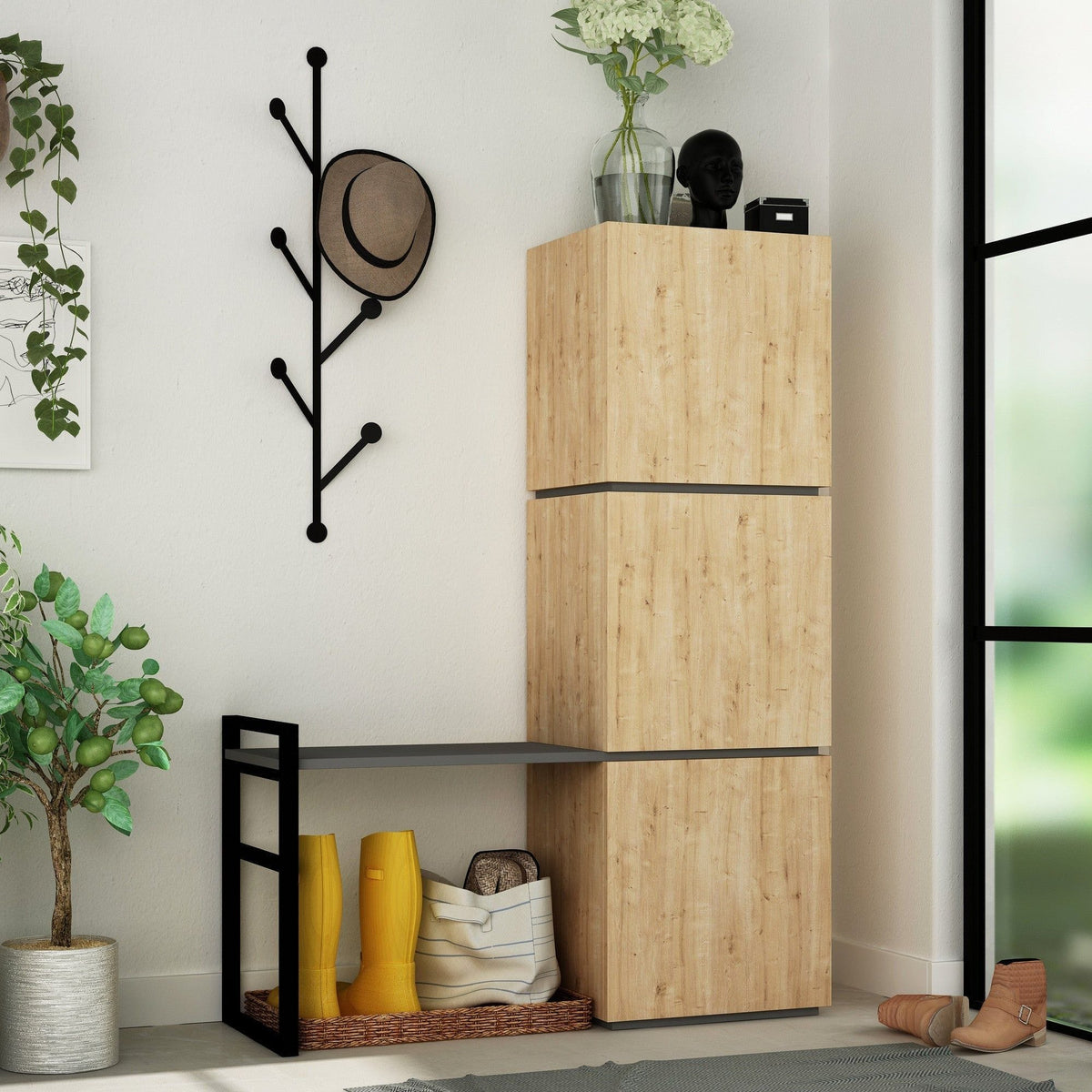 Pantofar MELLO, stejar/negru, PAL melaminat/metal, 109x39x149 cm